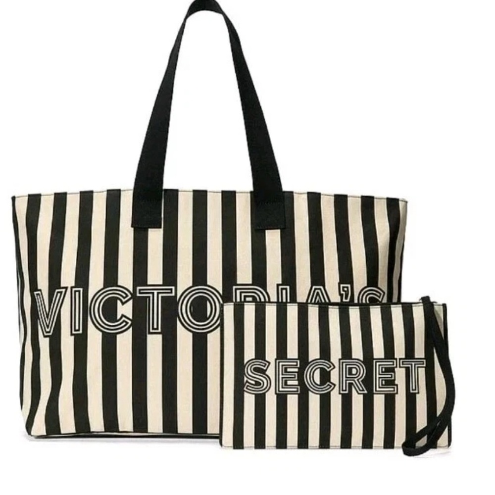 Victoria's Secret Striped Canvas Tote with Wristlet Cream/Black, Beach/Vacation